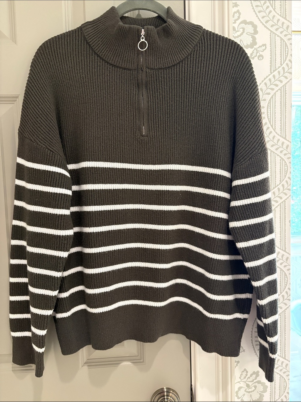 Women’s Half-Zip Striped Knit Sweater - Olive Green & White